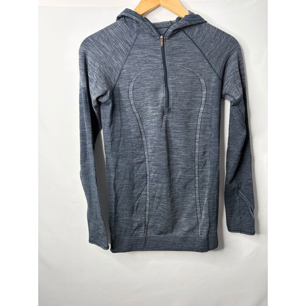 Lululemon Wool Swiftly Tech 1/2 Hoodie Blue Gray Space Dye Sz 4 Thumbholes Gym